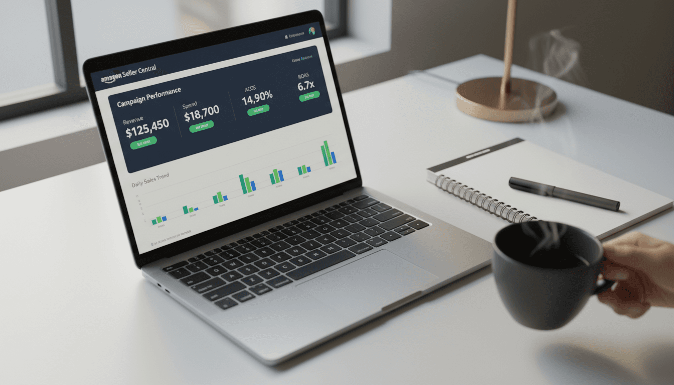 Laptop displaying Amazon advertising dashboard with performance metrics and analytics