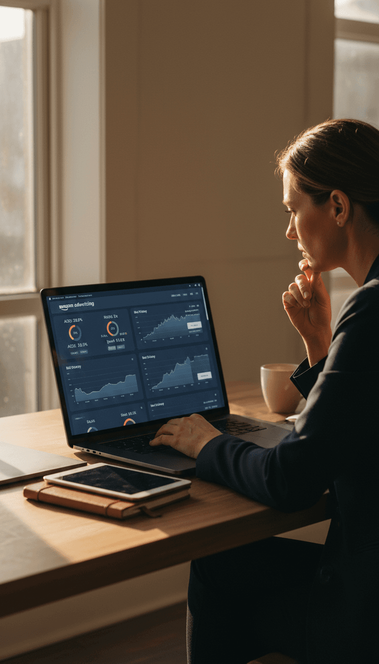 Amazon advertising professional analyzing PPC campaign performance metrics on desktop dashboard