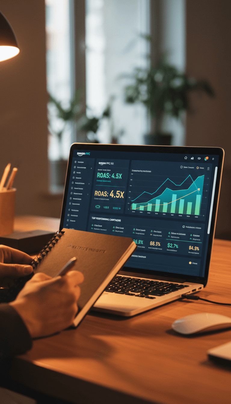 Digital analyst reviewing Amazon PPC performance metrics on laptop