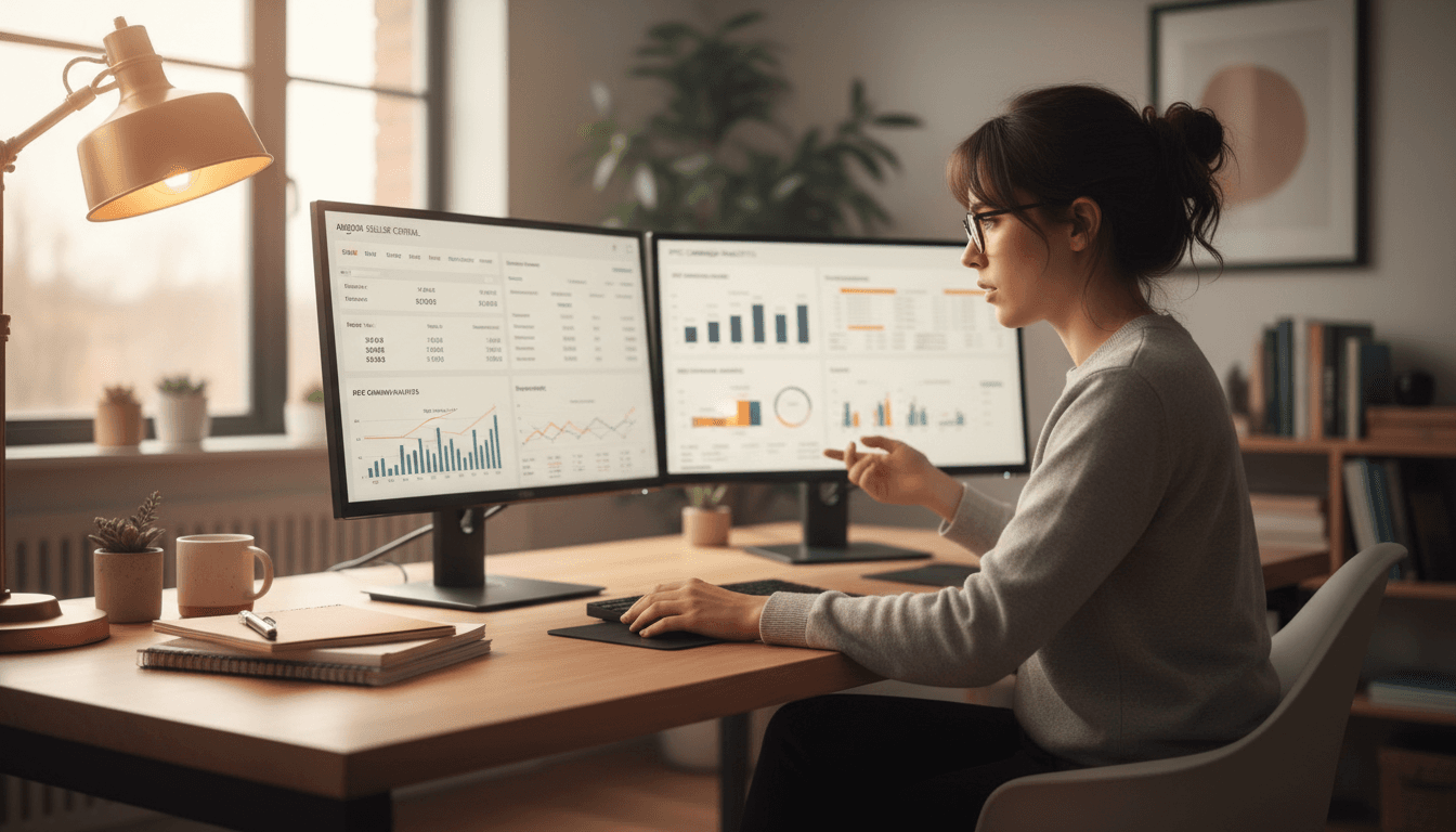 Digital marketer analyzing Amazon PPC campaign performance metrics on dual monitors