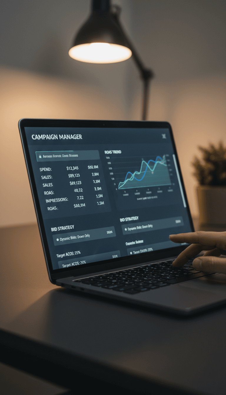 Digital Nomadz Amazon advertising campaign management dashboard showing PPC metrics and optimization strategy