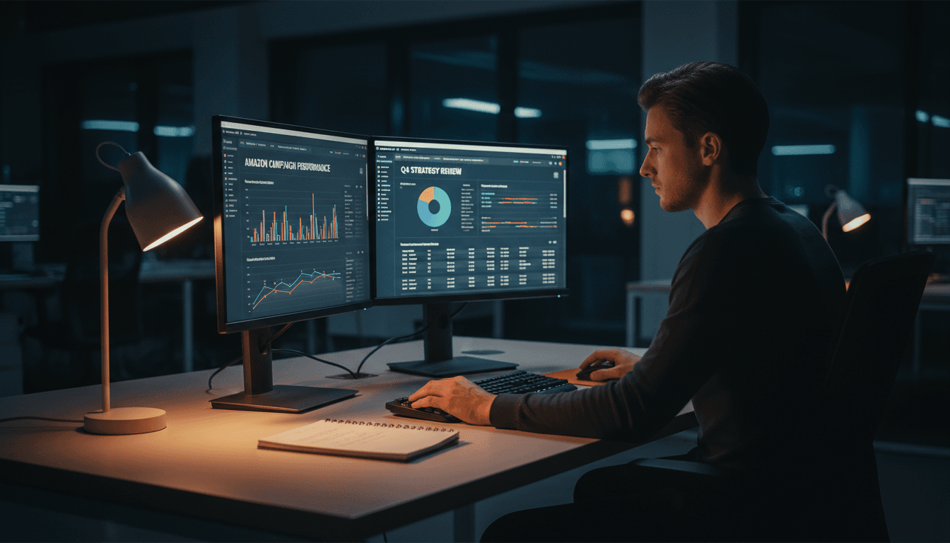 Amazon PPC analyst reviewing campaign performance data on multiple monitors