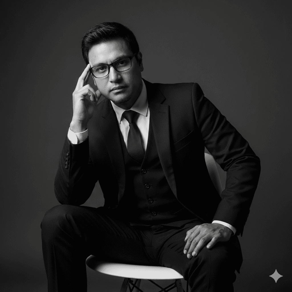 Serious man in a suit and glasses sitting for a black and white studio portrait.